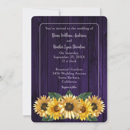 パープル素朴ヒマワリ結婚式招待状 招待状 (正面)