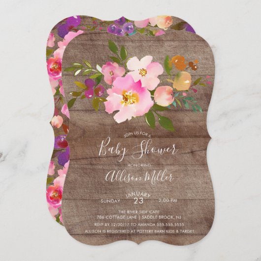パープル素朴ピンクフローラベビーシャワー招待状 招待状 (正面/裏面)