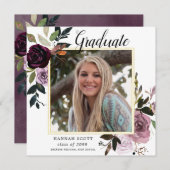 パープル素朴ピンクフローラ写真卒業パーティー 招待状 (正面/裏面)