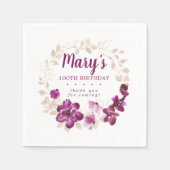 パープル素朴ピンクフローラ100誕生日ありがとう スタンダードカクテルナプキン (正面)