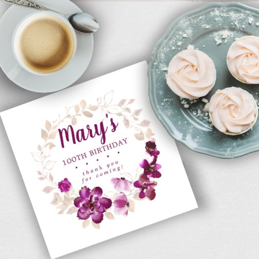 パープル素朴ピンクフローラ100誕生日ありがとう スタンダードカクテルナプキン