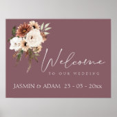 パープル素朴ピーチフローラの結婚ウェルカムサイン ポスター (正面)