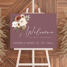 パープル素朴ピーチフローラの結婚ウェルカムサイン