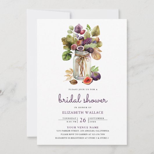 パープル素朴フィグメイスンジャール写真ブライダルシャワー 招待状 (正面)