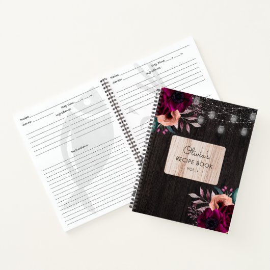 パープル素朴フラワーウッドライトレシピクックブック ノートブック (内部)