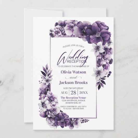 パープル素朴フローラウェディングレセプション 招待状 (正面)