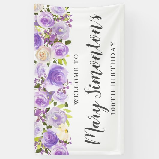 パープル素朴フローラグリーンリー100誕生日 横断幕 (縦)