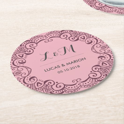 パープル素朴フローラスワールオーナメントウェディングパーティー ラウンドペーパーコースター (アングル)