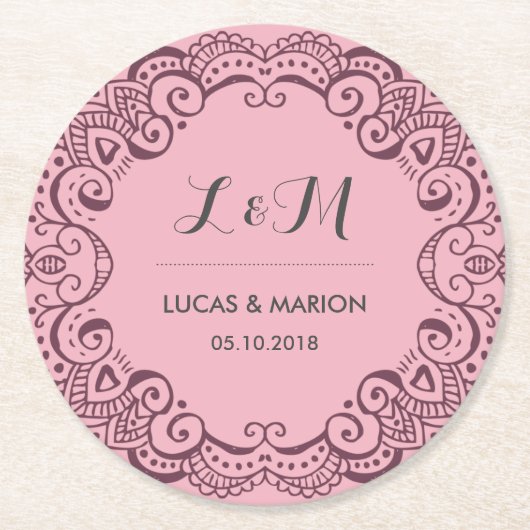 パープル素朴フローラスワールオーナメントウェディングパーティー ラウンドペーパーコースター (正面)