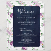 パープル素朴フローラネイビーブルー結婚式 プログラム (正面/裏面)