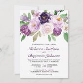 パープル素朴フローラフォトコラージュQRコード結婚s 招待状 (正面)