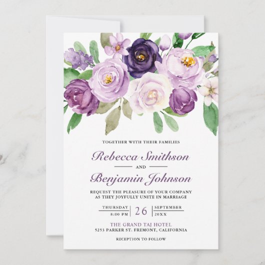 パープル素朴フローラフォトコラージュQRコード結婚s 招待状 (正面)