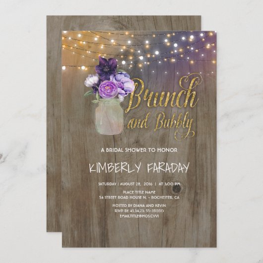 パープル素朴フローラメイスンジャーブライダルシャワー 招待状 (正面/裏面)