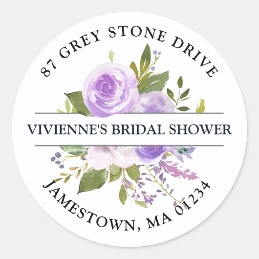 パープル素朴フローラ差出人住所ラベル ラウンドシール (正面)