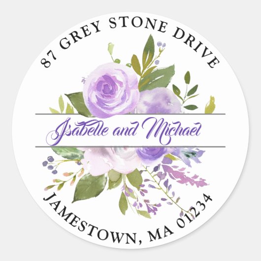 パープル素朴フローラ差出人住所ラベル ラウンドシール (正面)