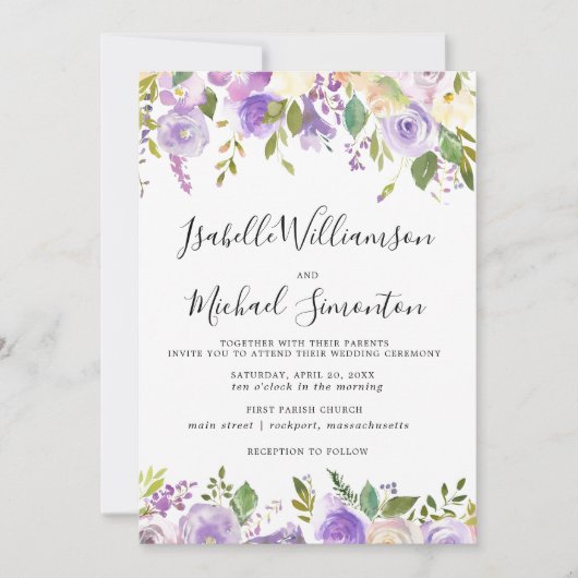 パープル素朴フローラ植物学結婚式招待状 招待状 (正面)