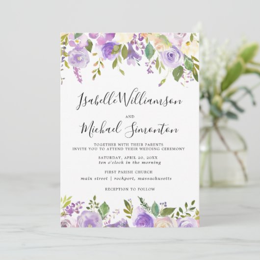 パープル素朴フローラ植物学結婚式招待状 招待状 (スタンド正面)