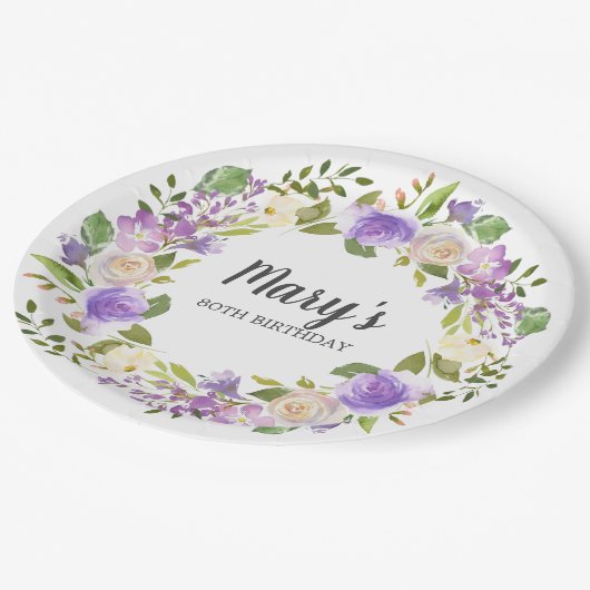 パープル素朴フローラ80番目の誕生日紙プレート ペーパープレート (アングル)