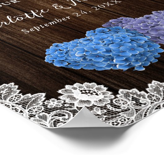 パープル素朴ブルーレース結婚式のレセプションサイン ポスター (角)