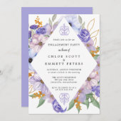 パープル素朴ブルー金ゴールドフローラ婚約パーティ 招待状 (正面/裏面)