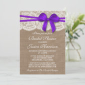 パープル素朴ボウ、バーラップ&レースブライダルシャワー 招待状 (スタンド正面)