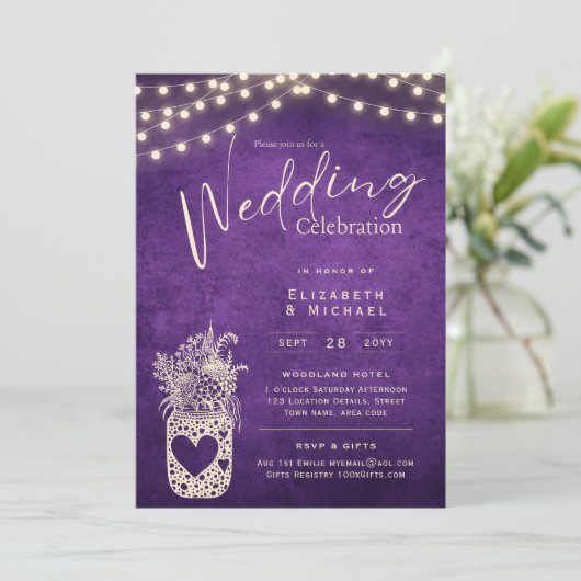 パープル素朴メイスン結婚ジャーのデジタルとプリント 招待状 (スタンド正面)