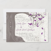 パープル素朴ラブバードロマンチック結婚な木 招待状 (正面)