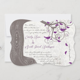 パープル素朴ラブバードロマンチック結婚な木 招待状