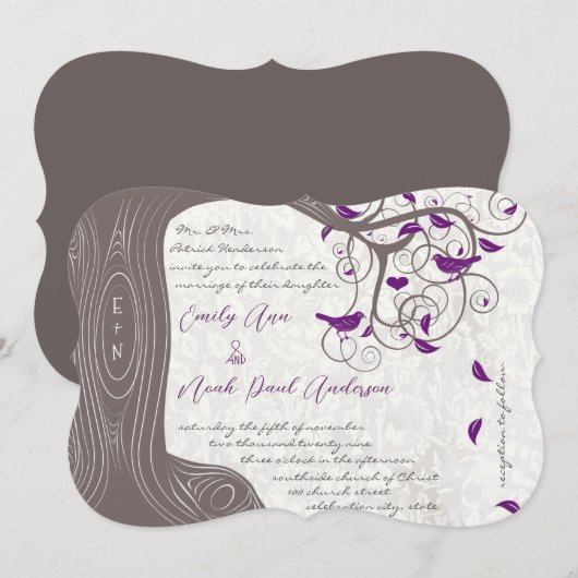 パープル素朴ラブバードロマンチック結婚な木 招待状 (正面/裏面)