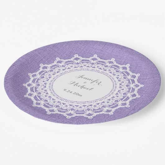 パープル素朴リネンのルック&ホワイトレース結婚ズ ペーパープレート (アングル)