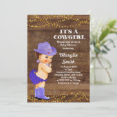 パープル素朴女性のカーボーイベビーシャワーガール 招待状 (スタンド正面)