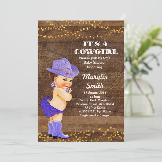 パープル素朴女性のカーボーイベビーシャワーガール 招待状 (スタンド正面)