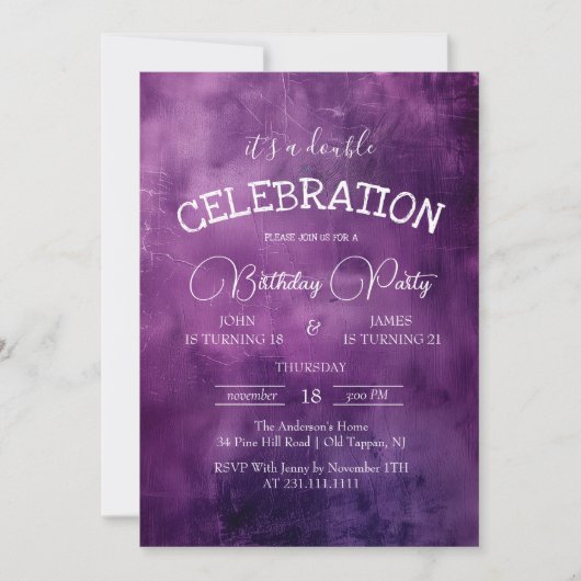 パープル素朴紙ダブルバースデーパーティー 招待状 (正面)