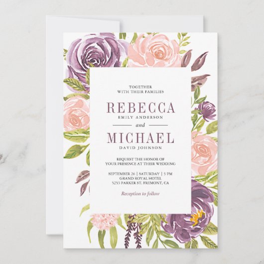 パープル素朴赤面ピンクフローラオールインワン結婚ズ 招待状 (正面)