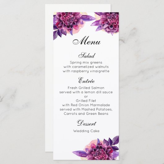 パープル結婚のディナーメニュー。フローラメニューパーティー メニュー (正面/裏面)