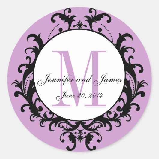 パープル結婚のモノグラム名日付ステッカー ラウンドシール (正面)