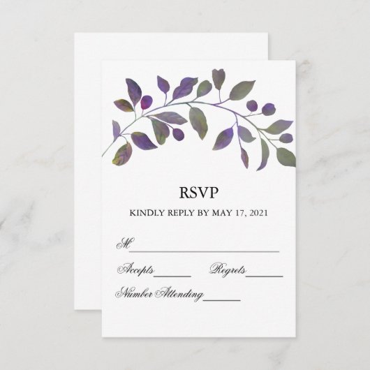パープル結婚の水彩画RSVPカード 出欠カード (正面/裏面)