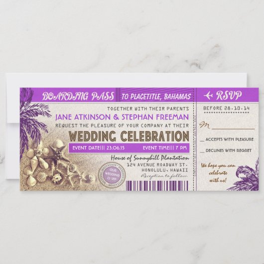 パープル結婚ズの搭乗券チケット 招待状 (正面)