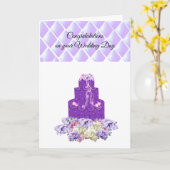 パープル結婚ズケーキフローラ祝いカード カード (黄色い花)