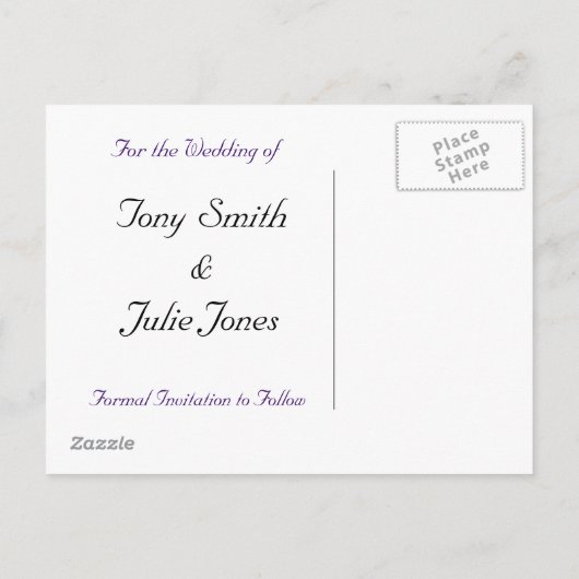 パープル結婚ズケーキ日付はがきを保存 案内ポストカード (裏面)