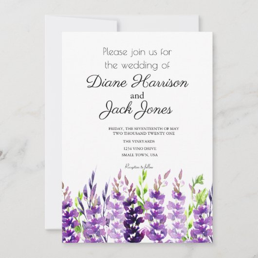 パープル結婚ズ・ウォーター・カラー・ラベンダー 招待状 (正面)