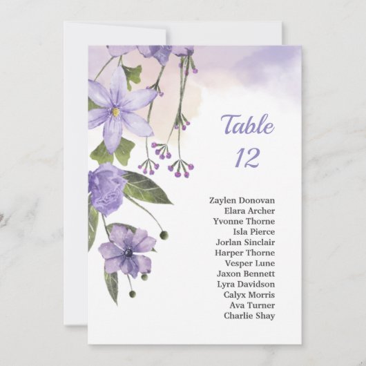 パープル結婚フローラのテーブル座席表カード 招待状 (正面)