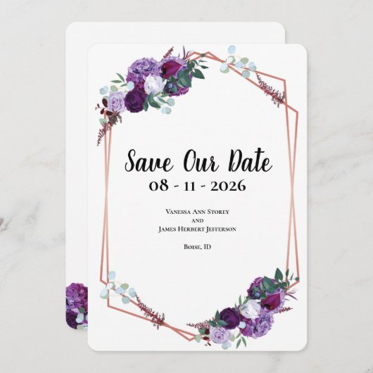 パープル結婚フローラの発表日付の保存 セーブザデート (正面/裏面)