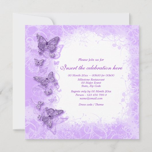 パープル結婚ホワイトの誕生日 招待状 (裏面)