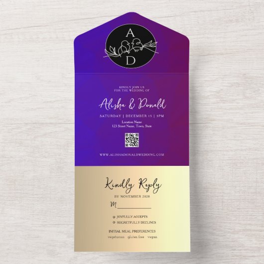 パープル結婚モノグラムの全招待状 オールインワン招待状 (内側)