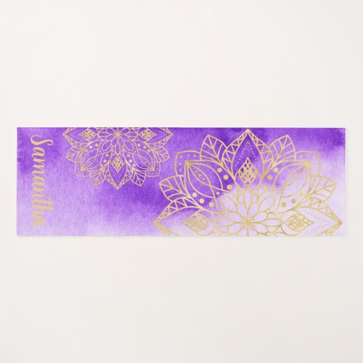 パープル絞り染めと金ゴールドマンダラス名前をカスタムする ヨガマット (正面(横))