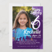 パープル絵を描(ばちゃばちゃ)跳ねるフォト第6誕生日招待状 招待状 (正面)