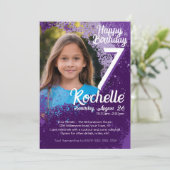 パープル絵を描（ばちゃばちゃ）跳ねるフォト第7誕生日招待状 招待状 (スタンド正面)