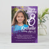 パープル絵を描（ばちゃばちゃ）跳ねるフォト第8誕生日招待状 招待状 (スタンド正面)