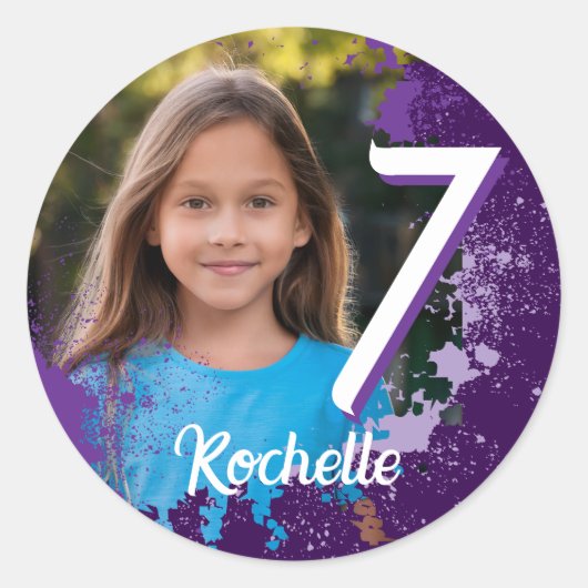 パープル絵を描(ばちゃばちゃ)跳ねる写真ステッカー – 年齢7 ラウンドシール (正面)